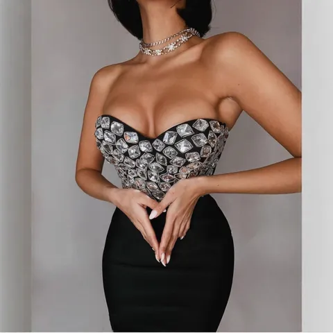 Completo Donna Top a Bustino Scolpito con Strass e Minigonna a Bende Sexy Top And Bottom Scintillante per Festa Banchetto