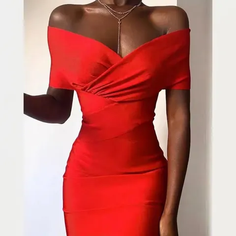 Women Off-The-Shoulder Bandage Dress Elegant Bodycon Midi Party Evening Gown Sexy Sleeveless Polyester Dress For Ladies