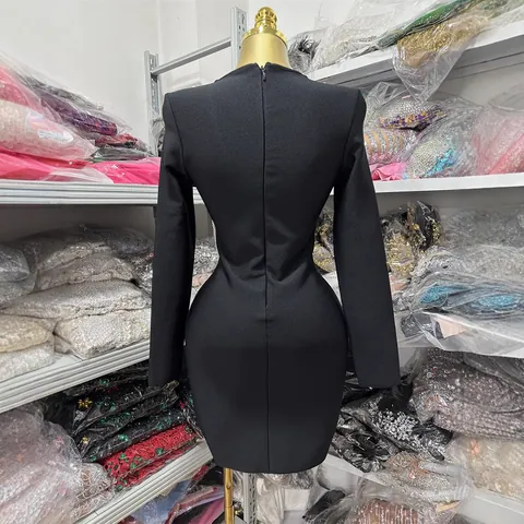 Women's Vintage Bodycon Dress Long Sleeve V-Neck Black Midi Dress With Artificial Pearl Chains And 3D Floral Decoration Elegant Party Evening Robe