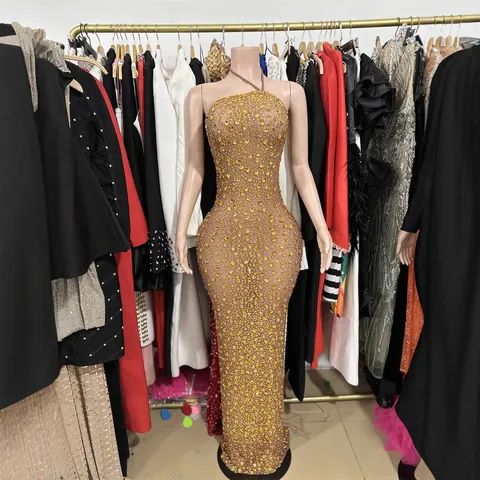 High-End Halter Backless Mesh Maxi Dress Sparkling Rhinestone Embellished Sexy See-Through Evening Gown For Wedding Party Red Carpet Women