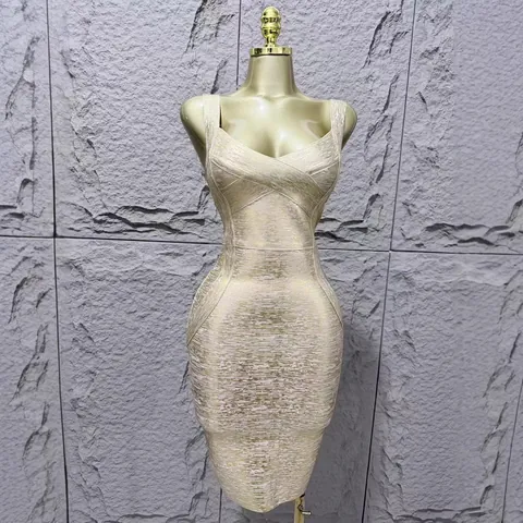 Metallic Bronzing Sexy V Neck Sleeveless Bodycon Mini Dress For Women Club Party Night Out Bandage Dress