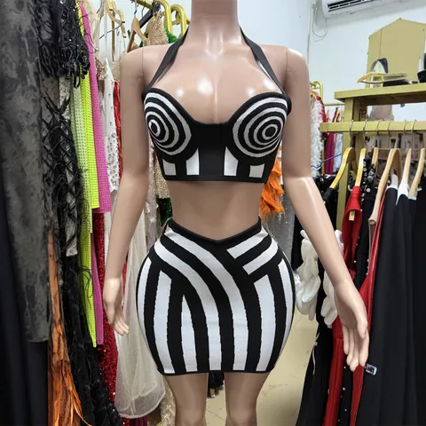 Completo Due Pezzi da Donna Crop Top Halter a Strisce e Minigonna Bodycon in Maglia per Festa