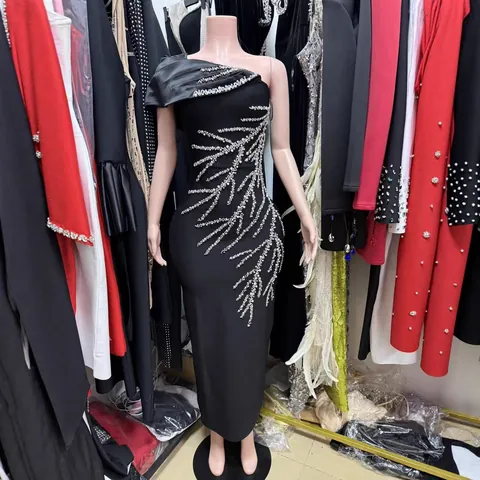 Vestito Lungo da Donna Monospalla in Fascia Bodycon con Strass Sexy Elegante per Festa e Occasioni Formali