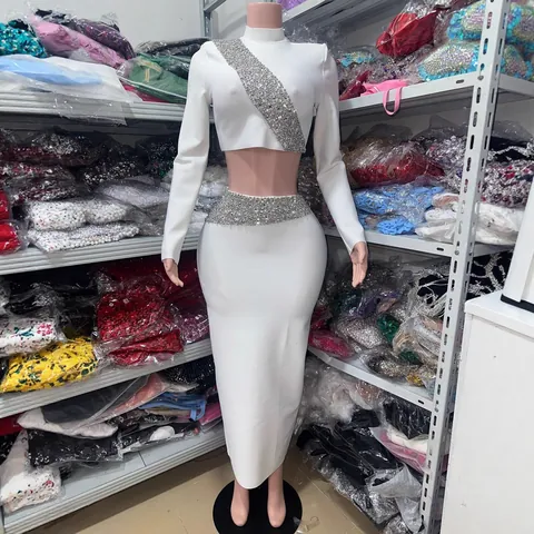 Women Sexy Long Sleeve Crop Top And Maxi Skirt Top And Bottom Rhinestone Embellished Slim Fit Elegant Club Party Outfit