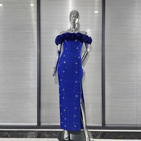 Abito Elegante a Fascia con Fiori 3D Senza Spalle Sexy Bodycon Perle Artificiali Spacco Abito Lungo da Sera in Poliestere