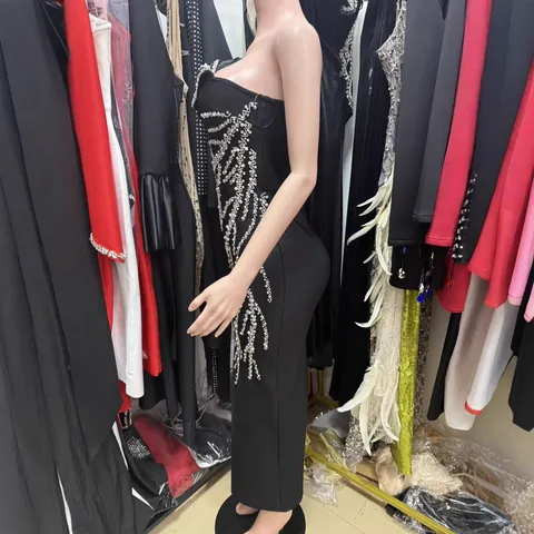 Vestito Lungo da Donna Monospalla in Fascia Bodycon con Strass Sexy Elegante per Festa e Occasioni Formali