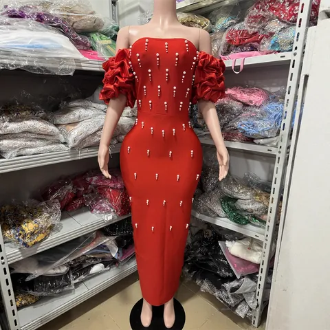 Vestito Lungo Bodycon Sexy da Donna con Spalle Scoperte e Maniche con Volant Elegante Abito da Sera con Perle Artificiali Strass