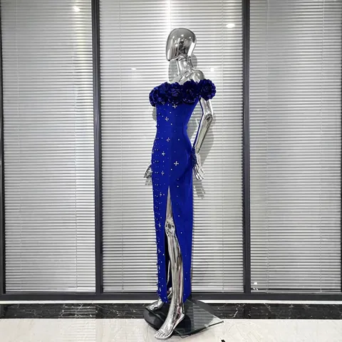 Abito Elegante a Fascia con Fiori 3D Senza Spalle Sexy Bodycon Perle Artificiali Spacco Abito Lungo da Sera in Poliestere