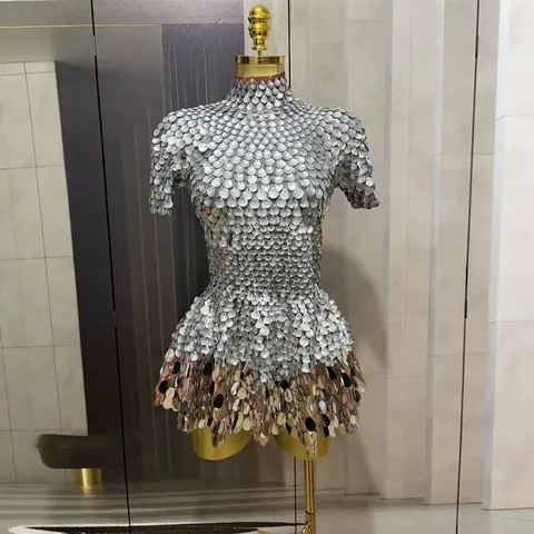 Gorgeous Sequin Performance Mini Dress Mock Neck Short Sleeve Slim Fit Stage Outfits For Party Birthday Gathering Women Dress