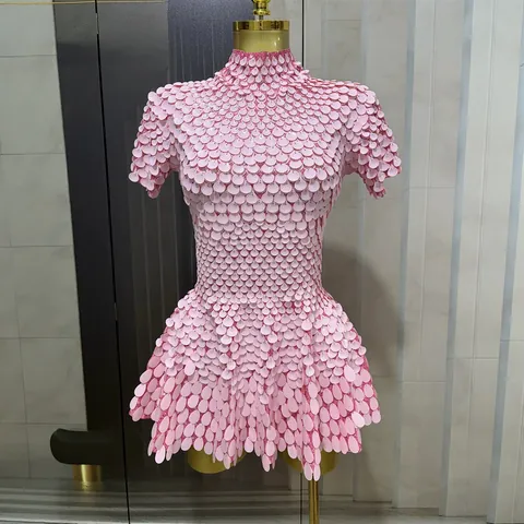Gorgeous Sequin Performance Mini Dress Mock Neck Short Sleeve Slim Fit Stage Outfits For Party Birthday Gathering Women Dress