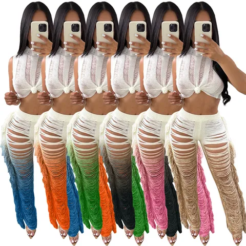 Γυναικείο Σετ Top Και Παντελόνι Σέξι Αμάνικο Crop Top Και Σκισμένο Παντελόνι Με Κρόσσια Διαβάθμιση Πολυεστέρας Streetwear Ρούχο Διακοπών