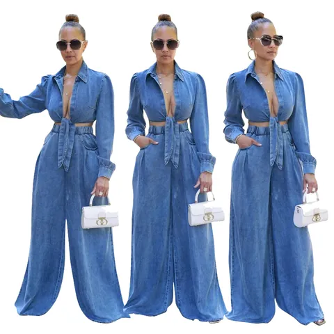 Γυναικείο Casual Τζιν Σετ Δύο Τεμαχίων Μακρυμάνικο Crop Top Με Κόμπο Και Ψηλόμεσο Τζιν Παντελόνι Με Φαρδιά Μπατζάκια