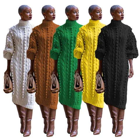 Women Casual Turtle Neck Knitted Maxi Dress Side Slit Cable Knit Pom-pom Long Sleeve Polyester Sweater Dress Autumn Winter