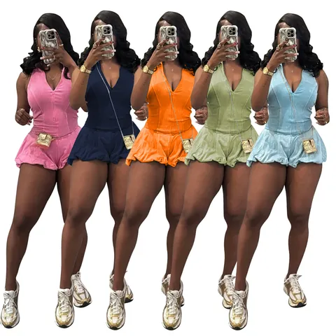 Combishort Femme Sans Manches Col en V Lavé Combinaison en Maille Nervurée Avec Short Boule Fermeture Éclair Décontracté Été