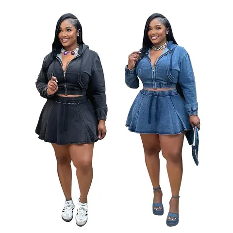 Women Denim Two Piece Set Washed Long Sleeve Hooded Jacket And High Waist Pleated Mini Skirt Casual Streetwear Set Top And Bottom