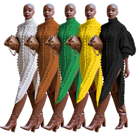 Women Casual Turtle Neck Knitted Maxi Dress Side Slit Cable Knit Pom-pom Long Sleeve Polyester Sweater Dress Autumn Winter
