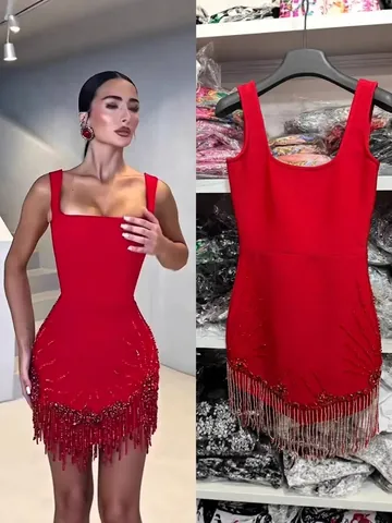 Vestito Aderente Sexy Senza Maniche Da Donna Con Strass E Frange Spalline Sottili Mini Abito Da Sera In Poliestere