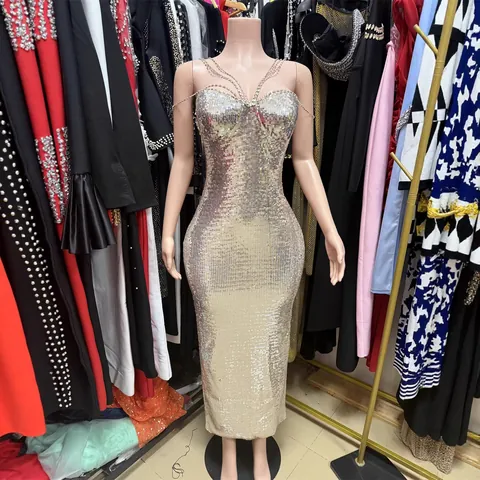 Vestito Lungo Donna Sexy Slim con Paillettes e Doppie Spalline in Strass Abito da Sera Stile Occidentale Festa Formale
