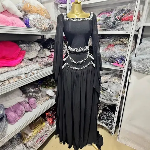 Abito Lungo da Donna Elegante in Maglia Nera Con Perline Artificiali Manica Lunga Abito da Sera Aderente per Feste
