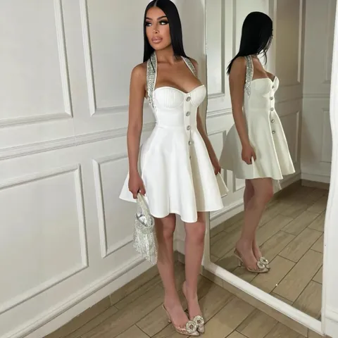 Abito da Donna Sexy Scollo all'Americana Schiena Scoperta Linea A Vestibilità Aderente Vita con Perline Mini Abito Festa