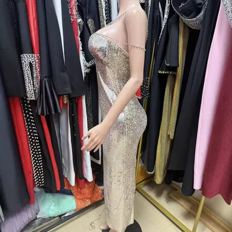 Vestito Lungo Donna Sexy Slim con Paillettes e Doppie Spalline in Strass Abito da Sera Stile Occidentale Festa Formale