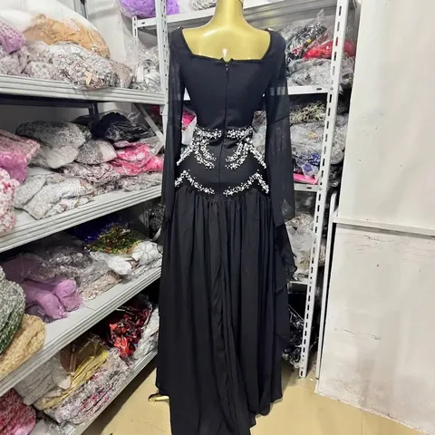 Abito Lungo da Donna Elegante in Maglia Nera Con Perline Artificiali Manica Lunga Abito da Sera Aderente per Feste