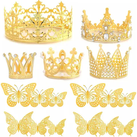 Mini Alloy Rhinestone Crown Cake Topper For Children Birthday Party Decorations Gold Silver Artificial Pearl Crown Decor