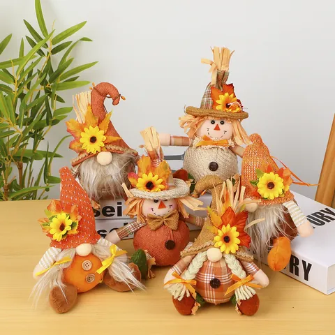 Thanksgiving Scarecrow Gnome Decorations Harvest Season Plaid Fabric Gnome Figurine With Sunflower Maple Leaf Autumn Home Decor