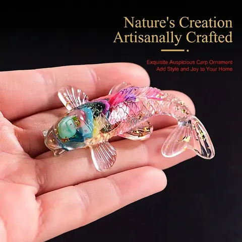 Handmade Lucky Koi Fish Figurine Natural Crystal Stone Resin Statue With Gold Foil Accents Minimalist Home Office Decor Ornament
