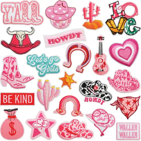 Western Cowboy Pink Embroidery Patches Set Cactus Cow Skull Boots Iron On Applique For Clothing Bag DIY Decor Accessory