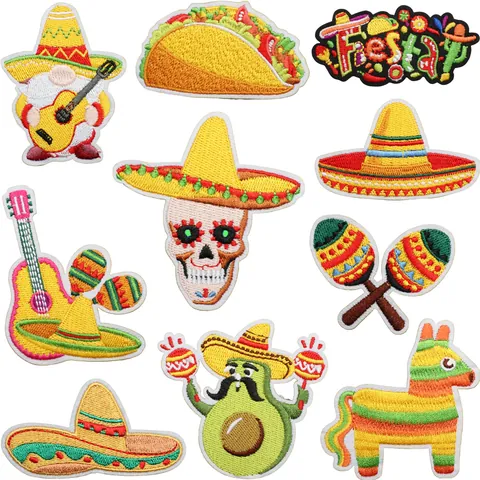Mexican Fiesta Embroidered Patches Set Sombrero Taco Skull Piñata Iron On Patches For Clothing DIY Decoration Accessories