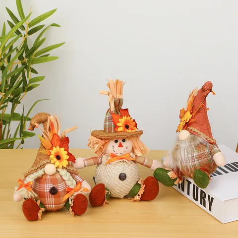 Thanksgiving Scarecrow Gnome Decorations Harvest Season Plaid Fabric Gnome Figurine With Sunflower Maple Leaf Autumn Home Decor