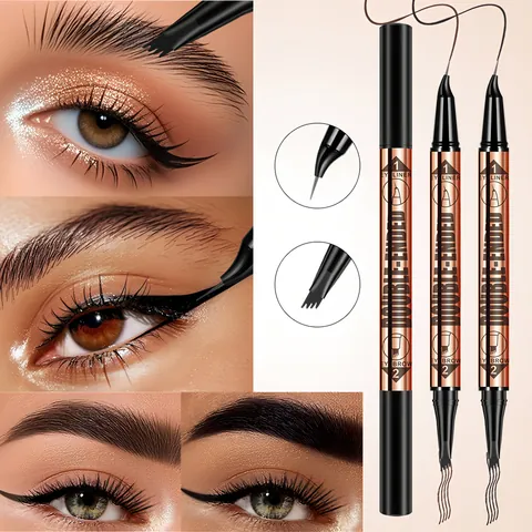 QICIY Dual Ended Eyeliner and Four Fork Eyebrow Pencil Waterproof Long Lasting Rose Gold Eyebrow Pen Eye Makeup Tool