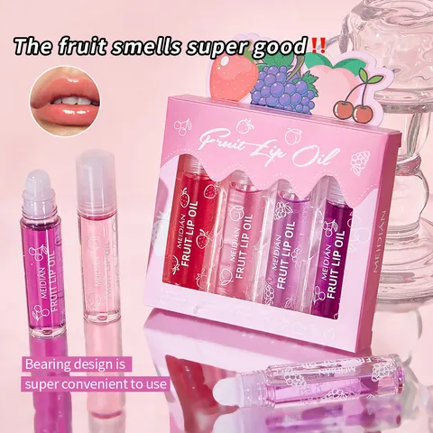 MEIDIAN Fruit Lip Oil Moisturizing Hydrating Lip Glow Oil Gloss Rollerball Lip Care Strawberry Peach Grape Cherry Glossy Finish For Women