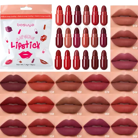 BOSUYA 18 Colors Mini Capsule Lipstick Set Matte Waterproof Long Lasting Velvet Lip Tint Portable Makeup Set For Women