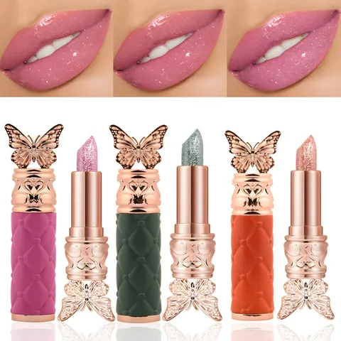 QICIY Lápiz Labial Sensible A La Temperatura De Mariposa Bálsamo Labial Hidratante Con Brillo Diseño De Celosía Exquisito Acabado Brillante Mujer