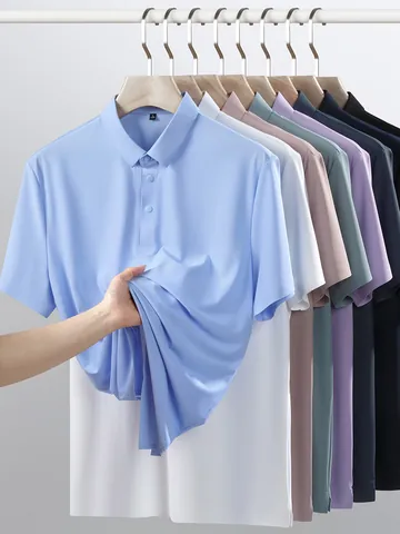 Men Seamless High Elastic Polo Shirt Nylon Spandex 5A Antibacterial Summer Breathable UV Protection Casual Top