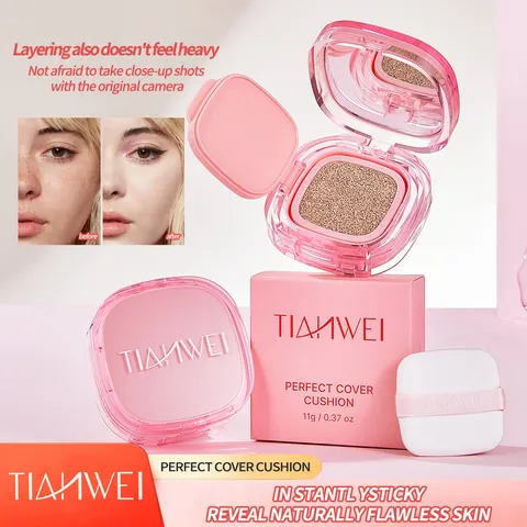TIANWEI Perfect Cover Cushion Foundation Long Lasting Oil Control Concealer Brightening Natural Nude Makeup Pink Square Case