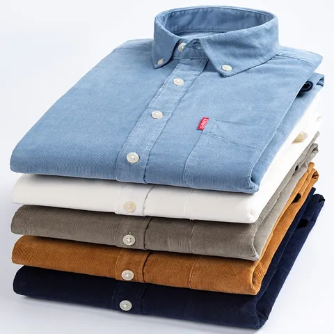 Men Vintage 100% Cotton Corduroy Shirt Slim Fit Long Sleeve Top Casual Breathable Solid Color Retro Button Down Shirt