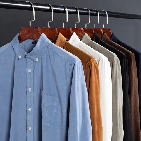 Men Vintage 100% Cotton Corduroy Shirt Slim Fit Long Sleeve Top Casual Breathable Solid Color Retro Button Down Shirt