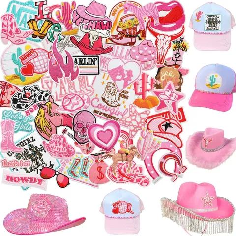 Western Cowboy Pink Embroidered Patches Polyester Iron On Sew On Decorative Badges For Clothing Bags Hats Jeans Repair DIY Sewing