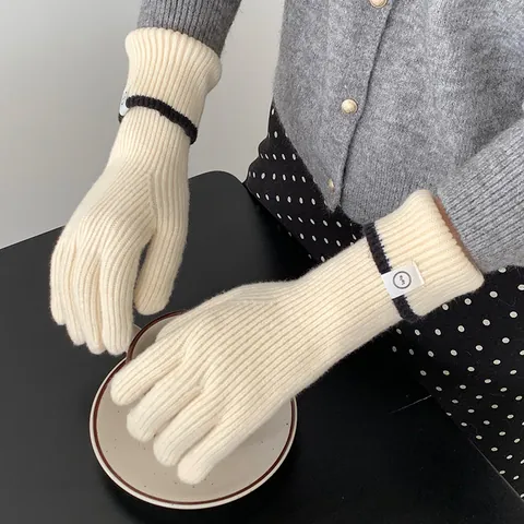 Women Korean Style Knit Gloves Winter Warm Color Block Patch Full Finger Touch Screen Outdoor Fashion Daily Accessory