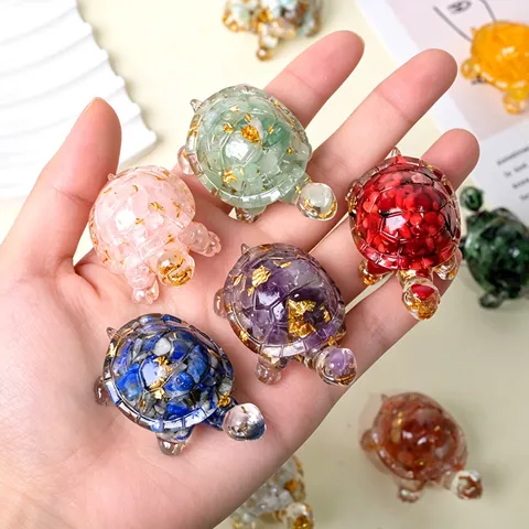 Natural Crystal Stone Resin Turtle Figurine With Gold Foil Inlaid Miniature Turtle Statue For Fish Tank Desktop Car Decor