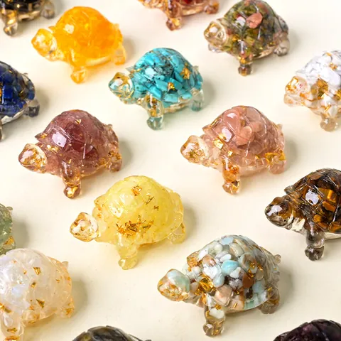 Natural Crystal Stone Resin Turtle Figurine With Gold Foil Inlaid Miniature Turtle Statue For Fish Tank Desktop Car Decor