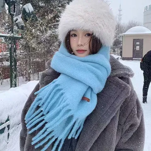 Women Korean Style Wool Blend Knitted Tassel Scarf Thick Warm Solid Color Winter Wrap Scarf Atmospheric Long Neck Warmer