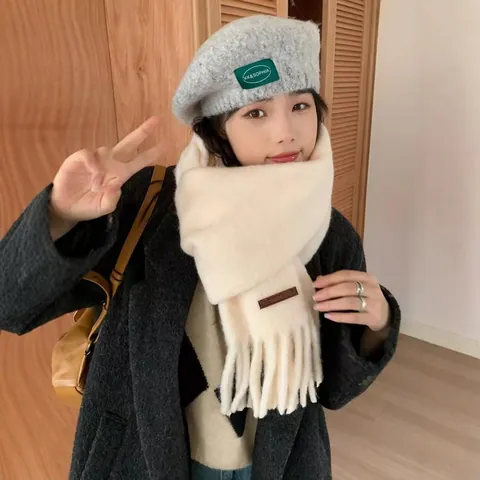 Women Korean Style Wool Blend Knitted Tassel Scarf Thick Warm Solid Color Winter Wrap Scarf Atmospheric Long Neck Warmer