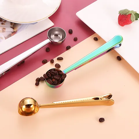 Stainless Steel Coffee Scoop With Bag Sealing Clip Multifunctional Measuring Spoon For Coffee Beans Milk Powder Bag Sealer Home Kitchen Accessories