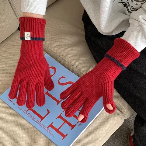 Women Korean Style Knit Gloves Winter Warm Color Block Patch Full Finger Touch Screen Outdoor Fashion Daily Accessory