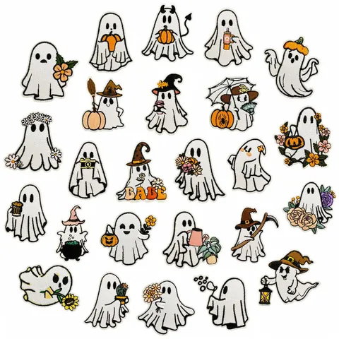 Halloween Cartoon Ghost Embroidered Patch Iron On Applique For Clothes Bag Decoration Cute Ghost Embroidery Badge Sew On Patch DIY Accessories