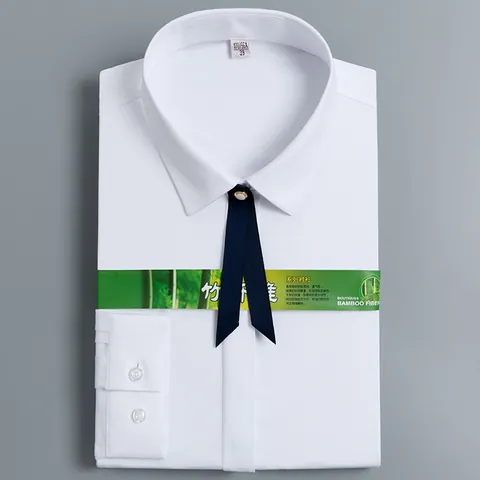 Women Bamboo Fiber Professional Long Sleeve Shirt Solid Color Slim Fit OL Commute Top Iron Free Business Blouse White Blue